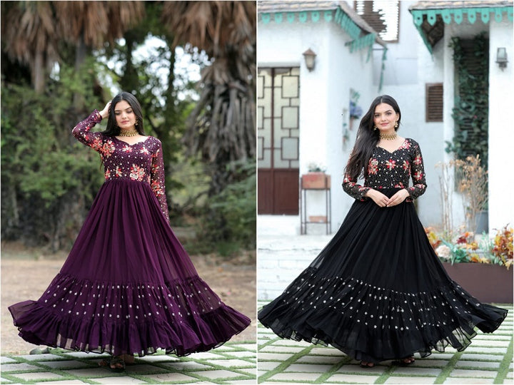 Black Embroidered Lehenga Gown for Women – Full Sleeve Party Wear Dress for Wedding & Festive Look