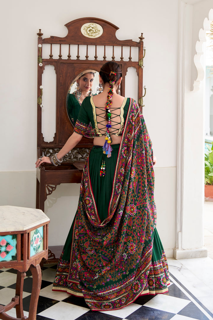 Dark Green Gamthi Print Navratri Lehenga Choli Set with Gotta Patti Work - Mayara Women Clothing