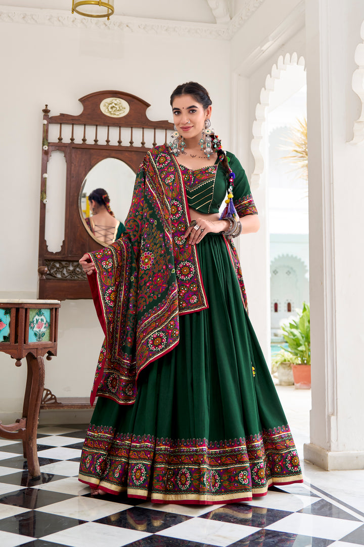 Dark Green Gamthi Print Navratri Lehenga Choli Set with Gotta Patti Work - Mayara Women Clothing