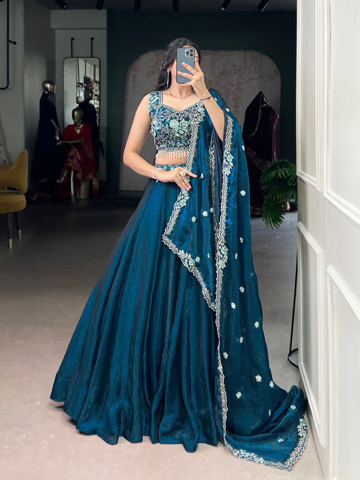 Elegant Teal Blue Embroidered Fendi Wedding Lehenga Choli Set for Women – Mayara Women Clothing