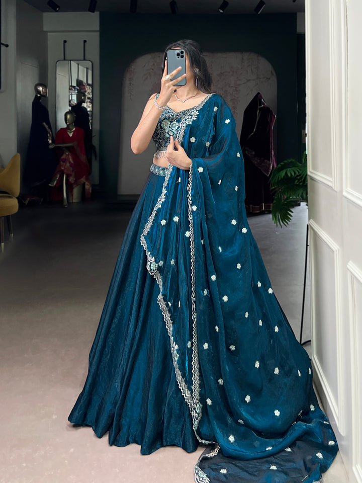 Elegant Teal Blue Embroidered Fendi Wedding Lehenga Choli Set for Women – Mayara Women Clothing