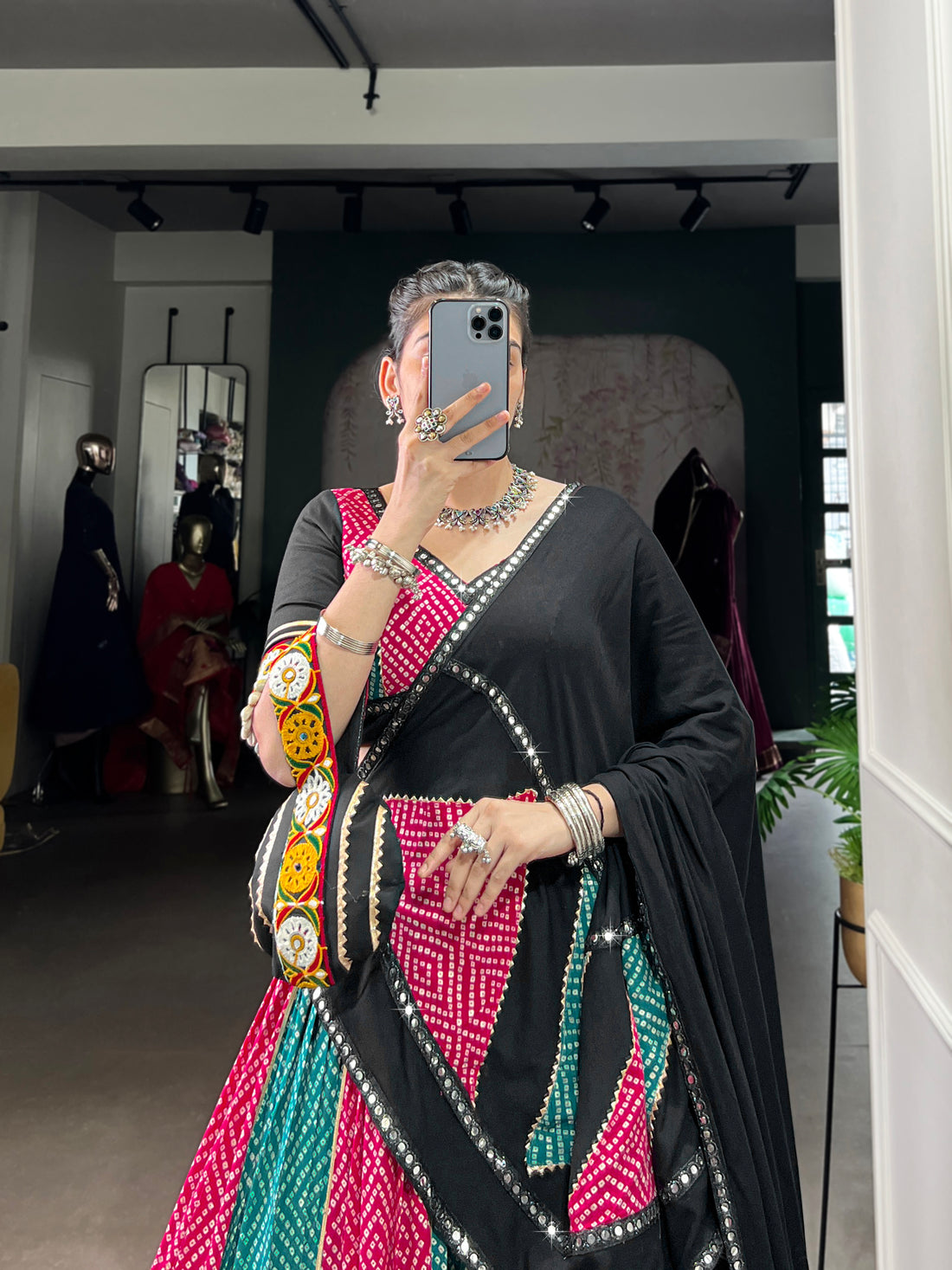 Navratri Special Pink & Green Bandhej Rayon Lehenga Choli with Gamthi & Mirror Work – Mayara Women Clothing