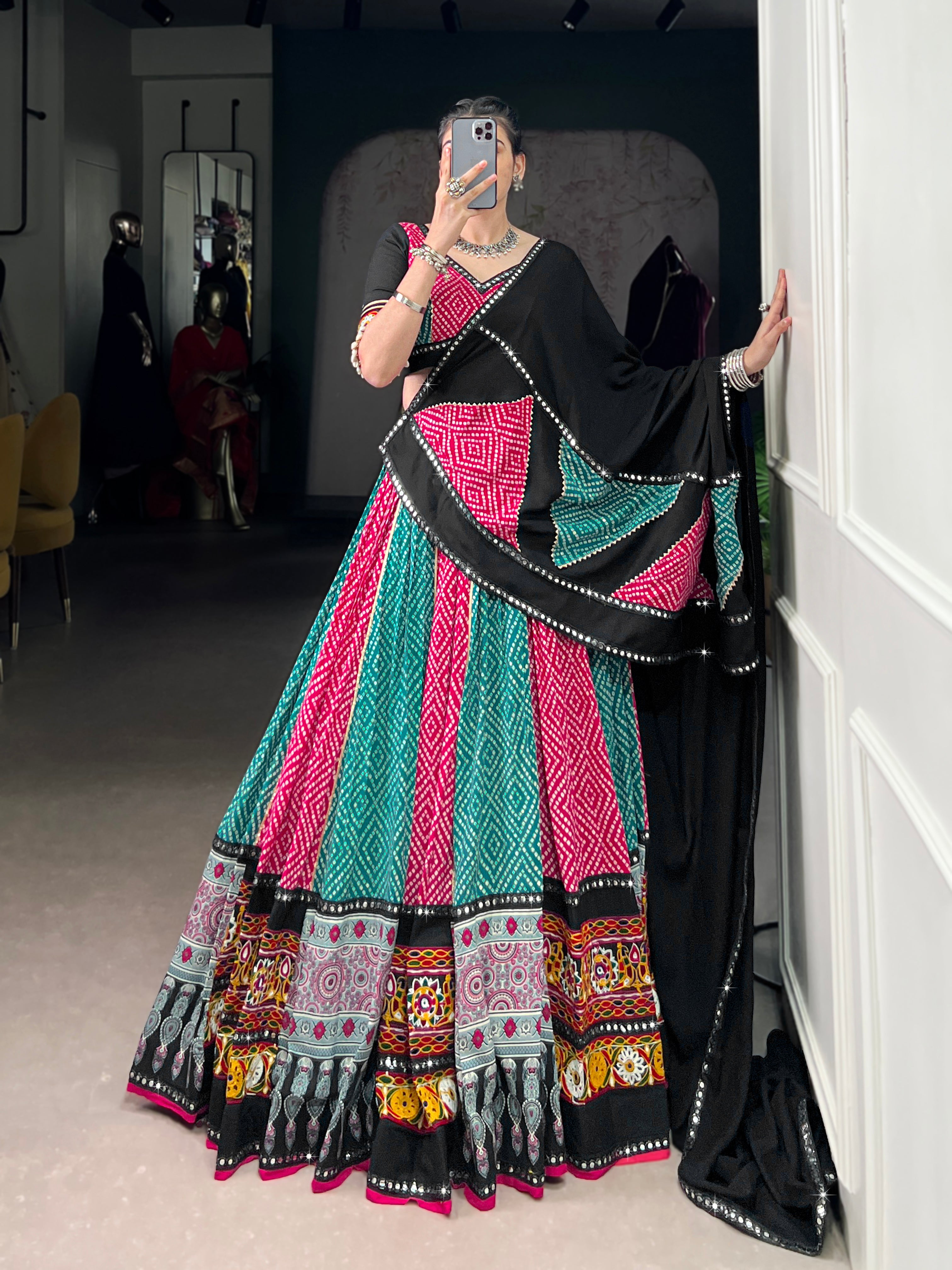 Navratri Special Pink & Green Bandhej Rayon Lehenga Choli with Gamthi & Mirror Work – Mayara Women Clothing