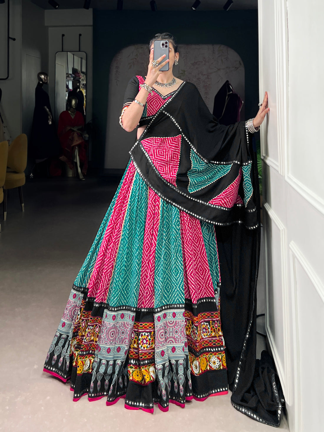 Navratri Special Pink & Green Bandhej Rayon Lehenga Choli with Gamthi & Mirror Work – Mayara Women Clothing