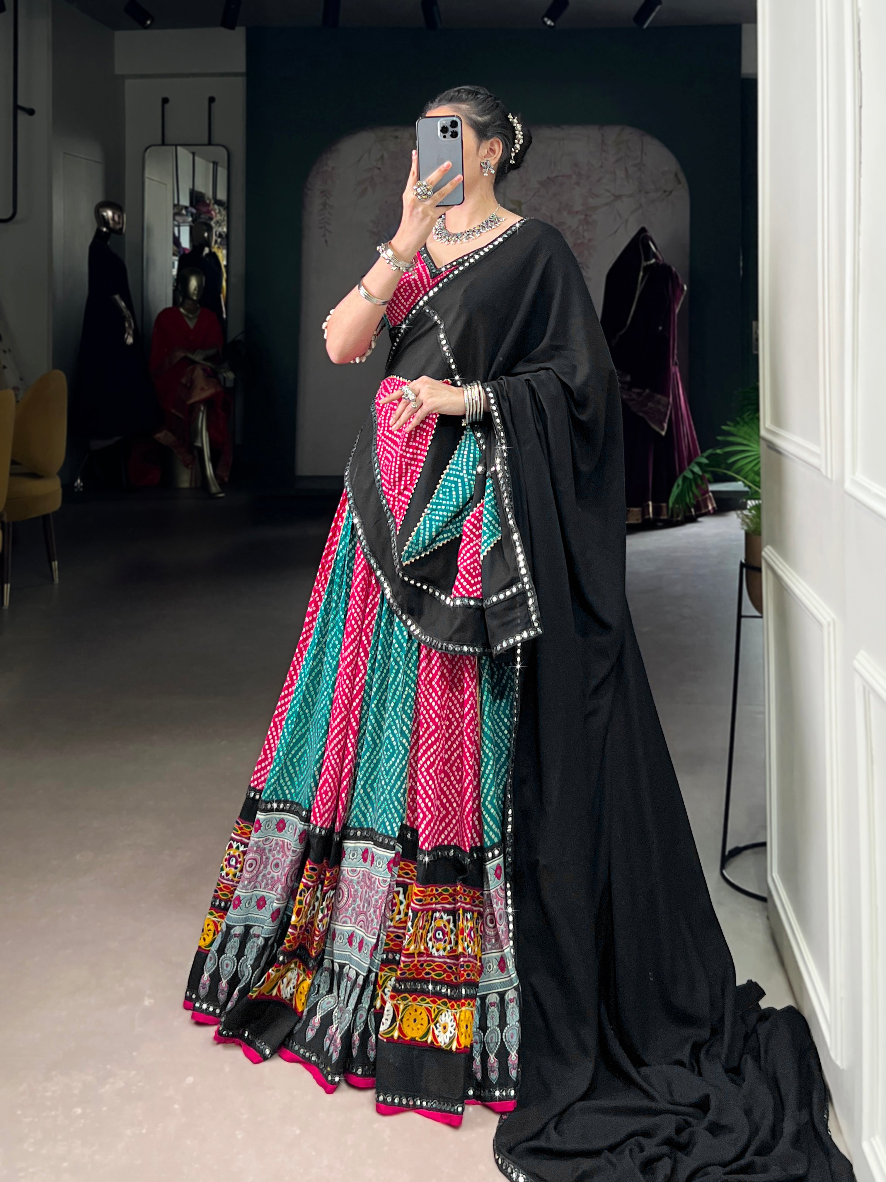 Navratri Special Pink & Green Bandhej Rayon Lehenga Choli with Gamthi & Mirror Work – Mayara Women Clothing