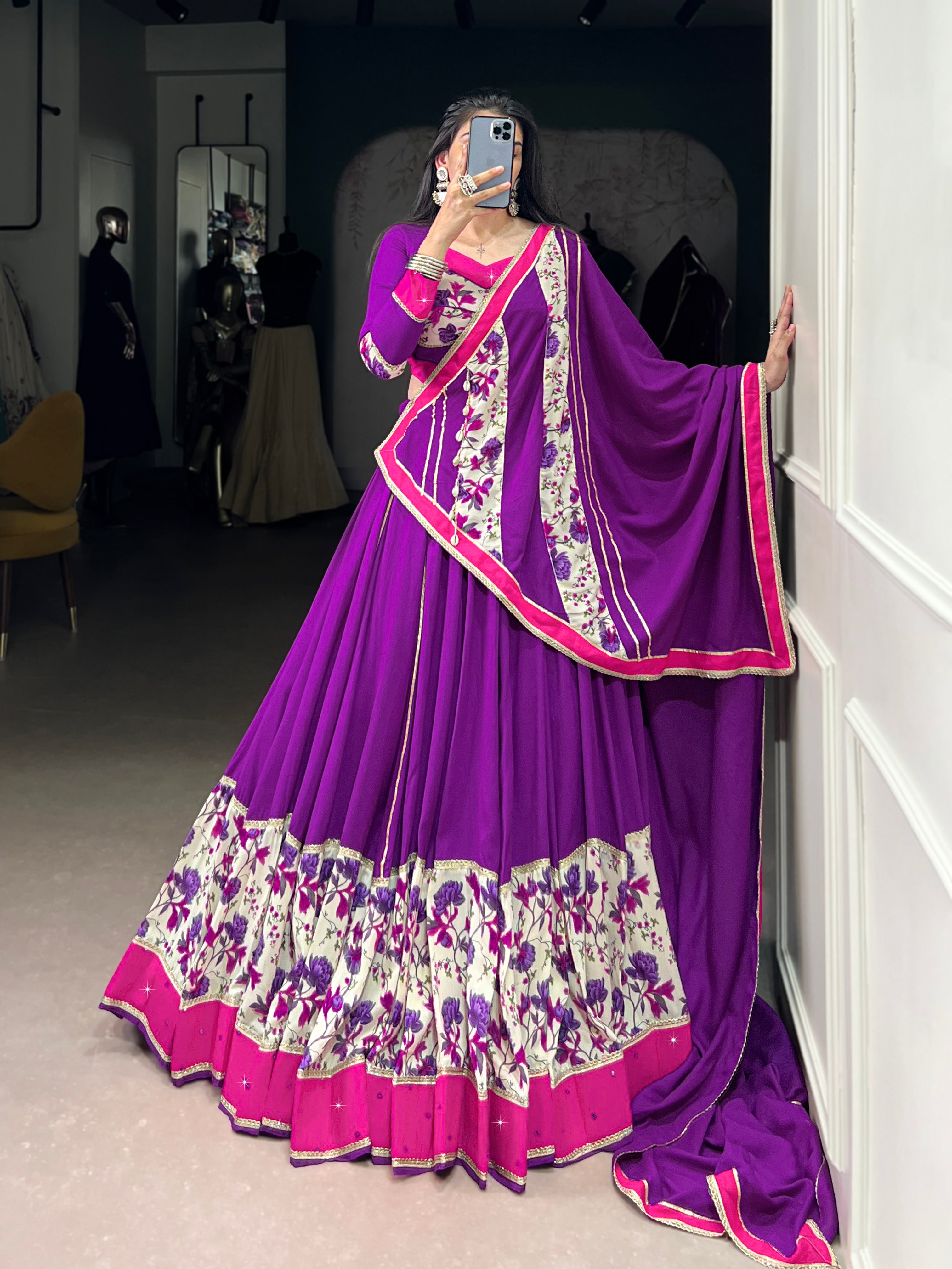 Purple Floral Printed Rayon Lehenga Choli Set with Dupatta – Mayara Women Clothing