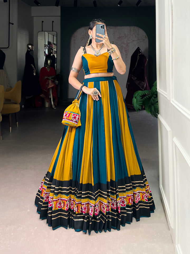 Mustard & Teal Rayon Navratri Lehenga Choli with Gamthi & Mirror Work – Mayara Women Clothing