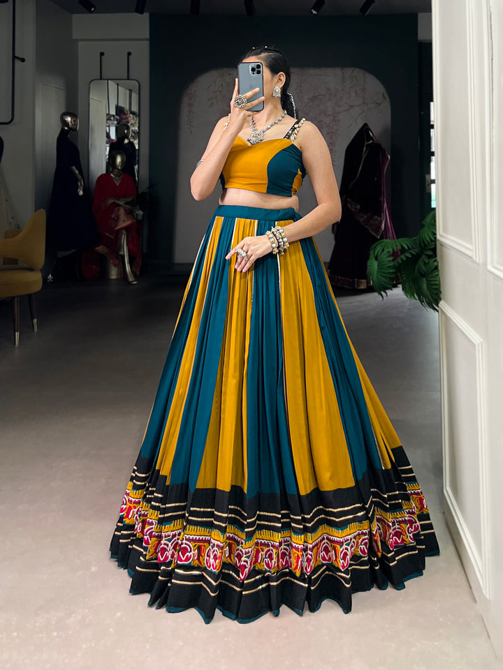 Mustard & Teal Rayon Navratri Lehenga Choli with Gamthi & Mirror Work – Mayara Women Clothing