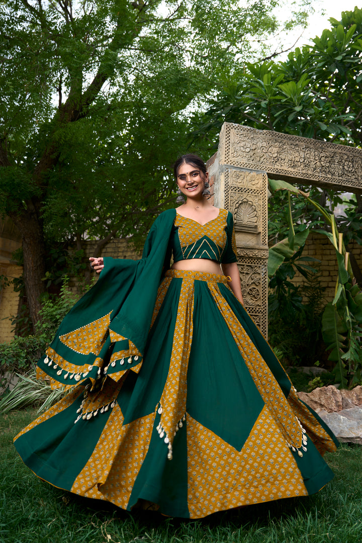 Elegant Green & Mustard Cotton Printed Lehenga Choli with Dupatta – Cowrie Lace Work, Stitched for Women