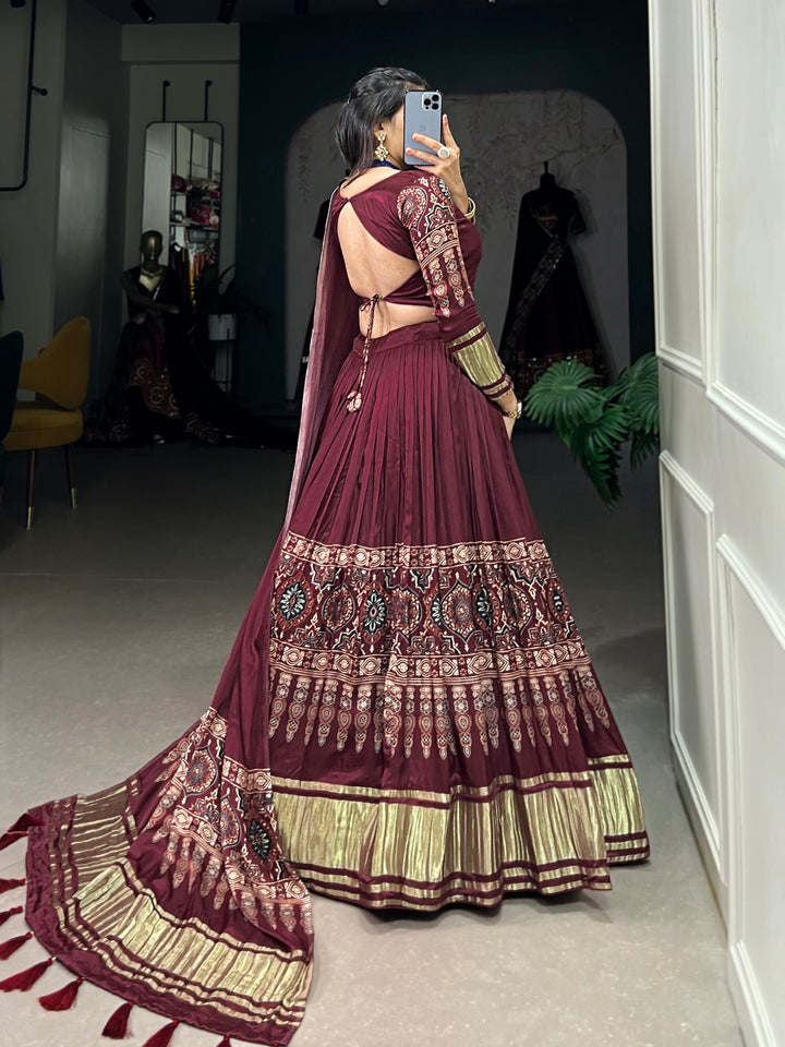 Wine Maroon Gaji Silk Wedding Lehenga Choli with Digital Print & Tassel Dupatta – Mayara Women Clothing
