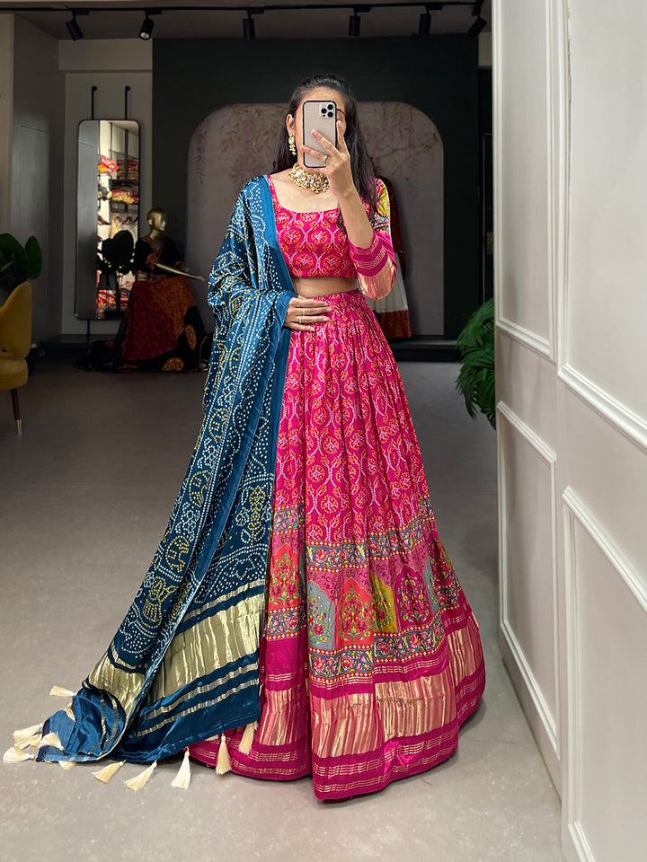 Pink Gaji Silk Wedding Lehenga Choli with Digital Print & Tassel Dupatta – Mayara Women Clothing