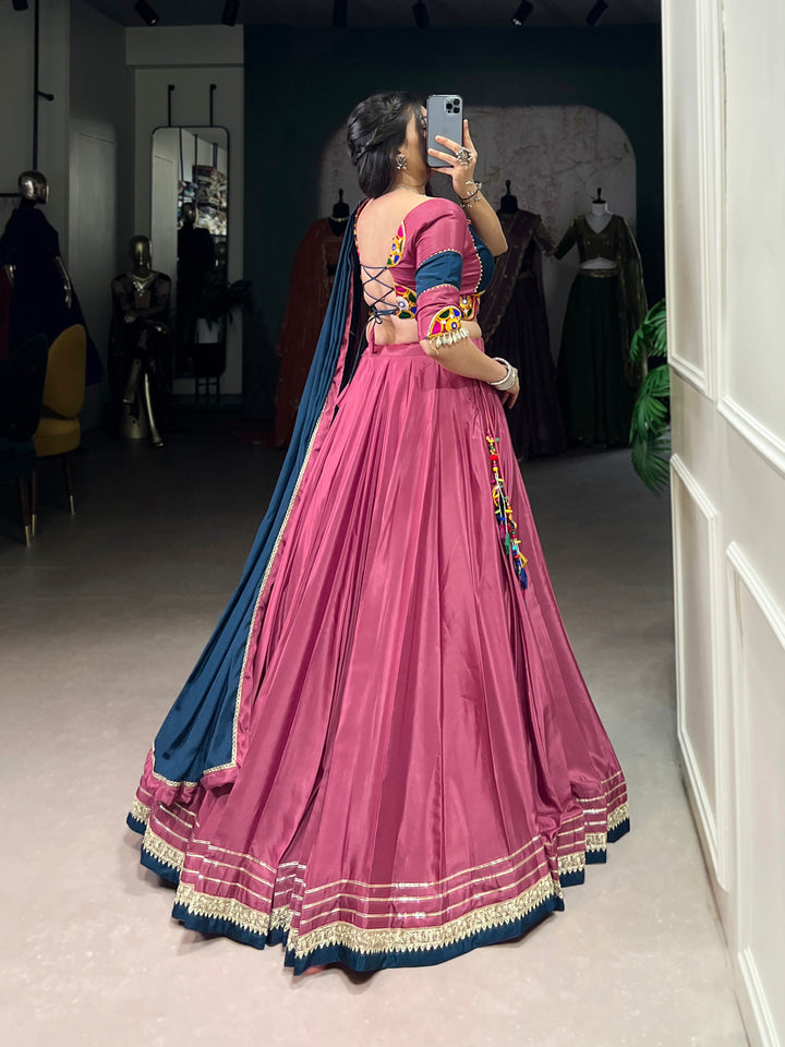 Designer Pink & Blue Gamthi Work Silk Crepe Navratri Lehenga Choli with Dupatta – Mayara Women Clothing