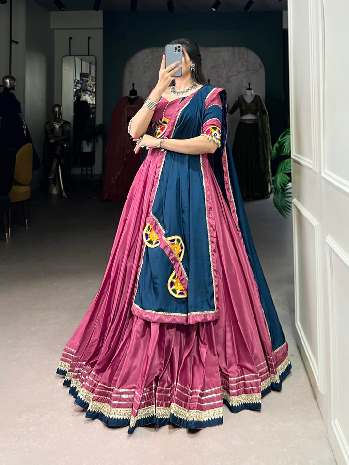 Designer Pink & Blue Gamthi Work Silk Crepe Navratri Lehenga Choli with Dupatta – Mayara Women Clothing