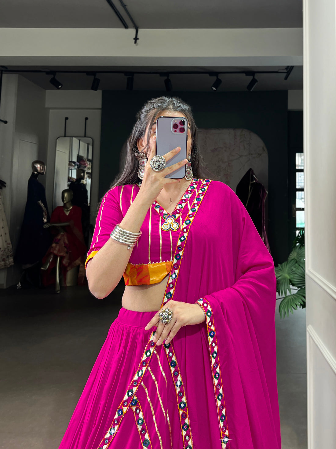 Designer Dark Pink Navratri Lehenga Choli with Mirror Work – Mayara Women Clothing