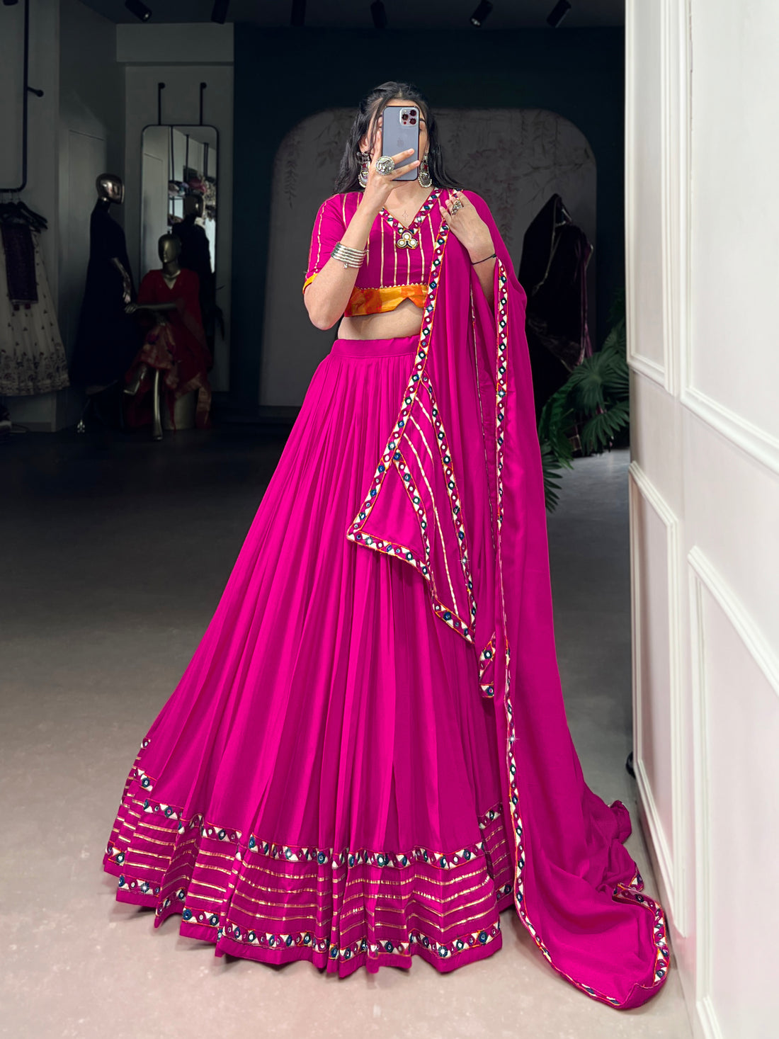 Designer Dark Pink Navratri Lehenga Choli with Mirror Work – Mayara Women Clothing