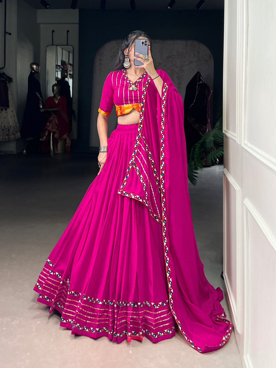 Designer Dark Pink Navratri Lehenga Choli with Mirror Work – Mayara Women Clothing