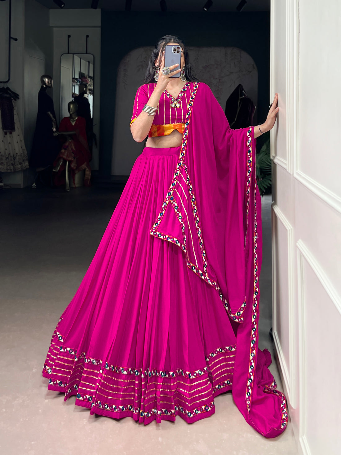 Designer Dark Pink Navratri Lehenga Choli with Mirror Work – Mayara Women Clothing