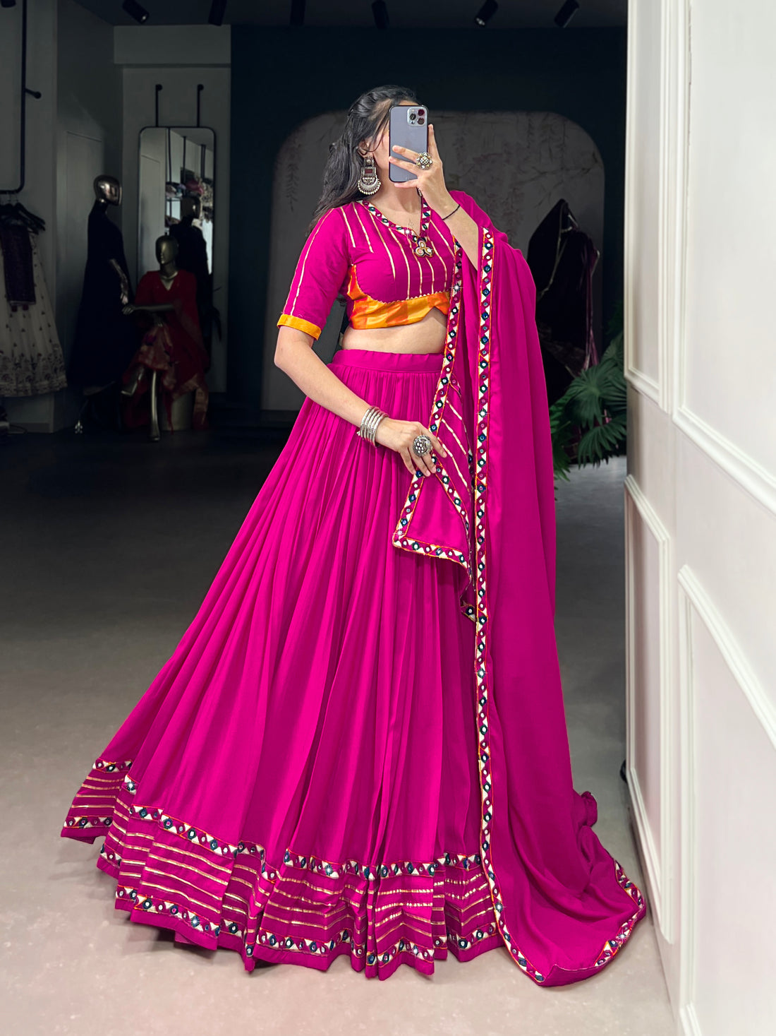 Designer Dark Pink Navratri Lehenga Choli with Mirror Work – Mayara Women Clothing