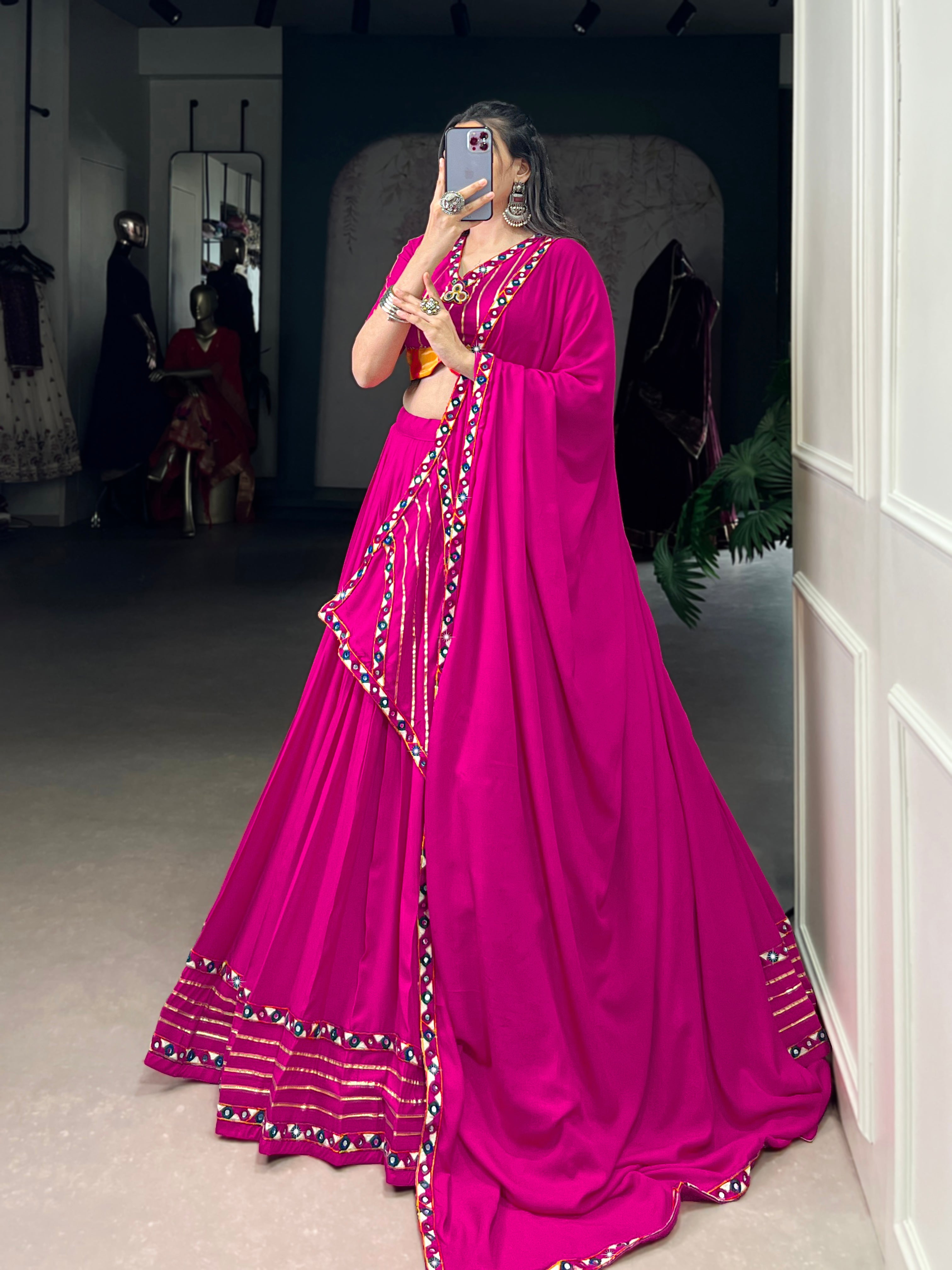 Designer Dark Pink Navratri Lehenga Choli with Mirror Work – Mayara Women Clothing
