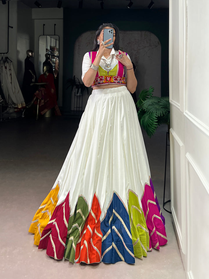 White Rayon Multicolor Patch Lehenga with Shirt & Gamthi Koti (Stitched, 6m Flair) for Navratri & Garba | Mayara Women Clothing