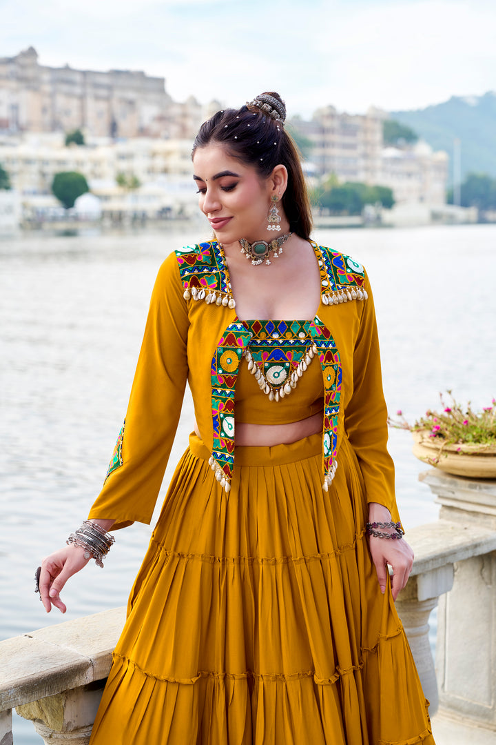 Mustard Yellow Mirror Work Lehenga Choli with Koti for Women – Mayara Women Clothing