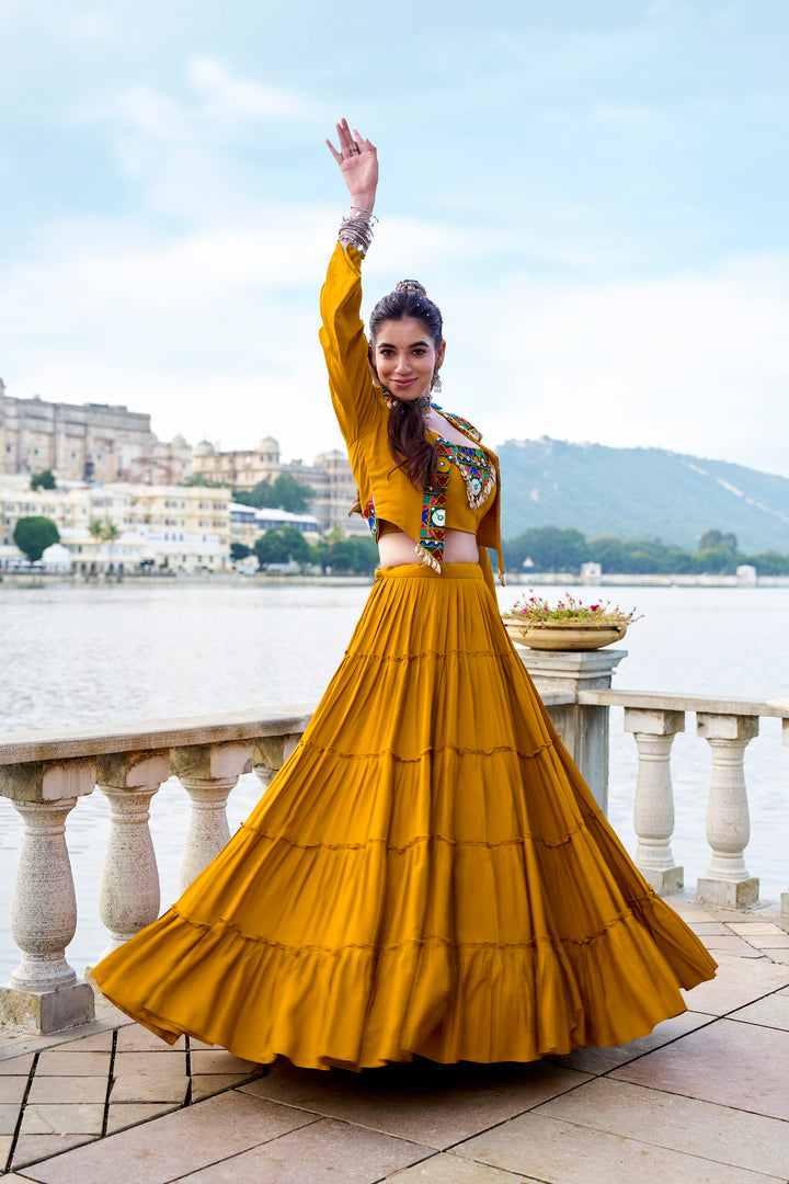 Mustard Yellow Mirror Work Lehenga Choli with Koti for Women – Mayara Women Clothing