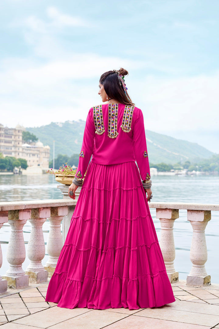 Pink Mirror Work Lehenga Choli with Koti for Women – Mayara Women Clothing