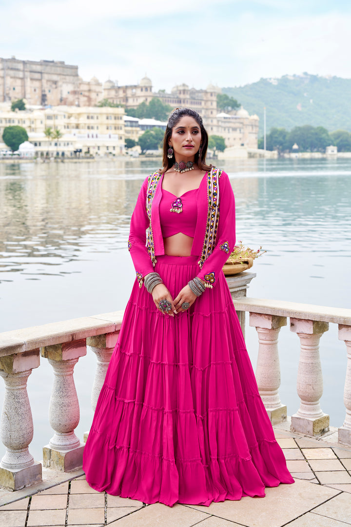 Pink Mirror Work Lehenga Choli with Koti for Women – Mayara Women Clothing