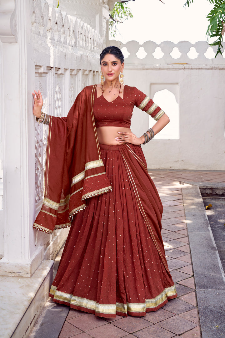 Red Brown Chanderi Navratri Lehenga Choli with Zari Weaving Work – Mayara Women Clothing (Copy)