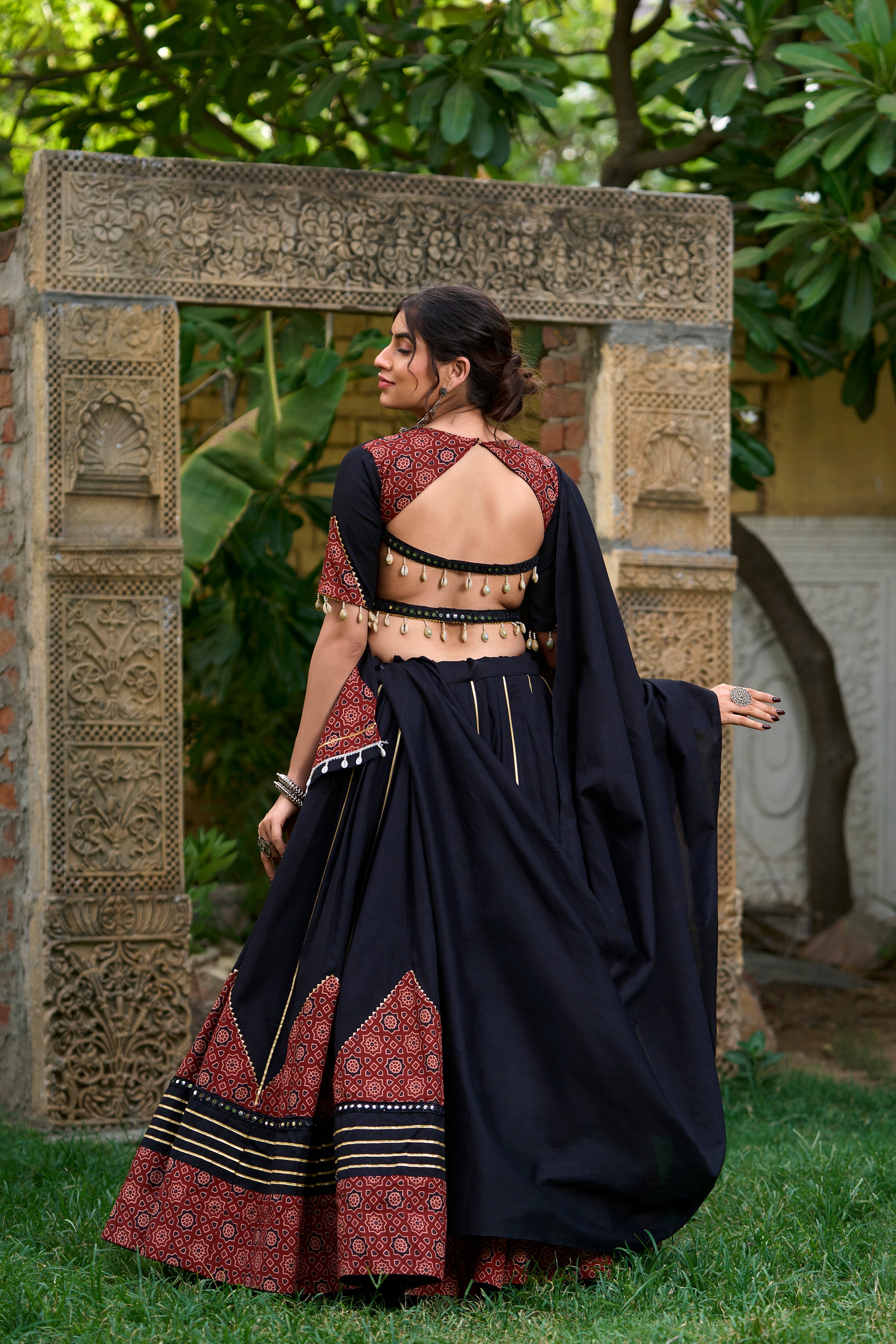 Black Cotton Navratri Lehenga Choli with Printed Dupatta & Purse – Mayara Women Clothing
