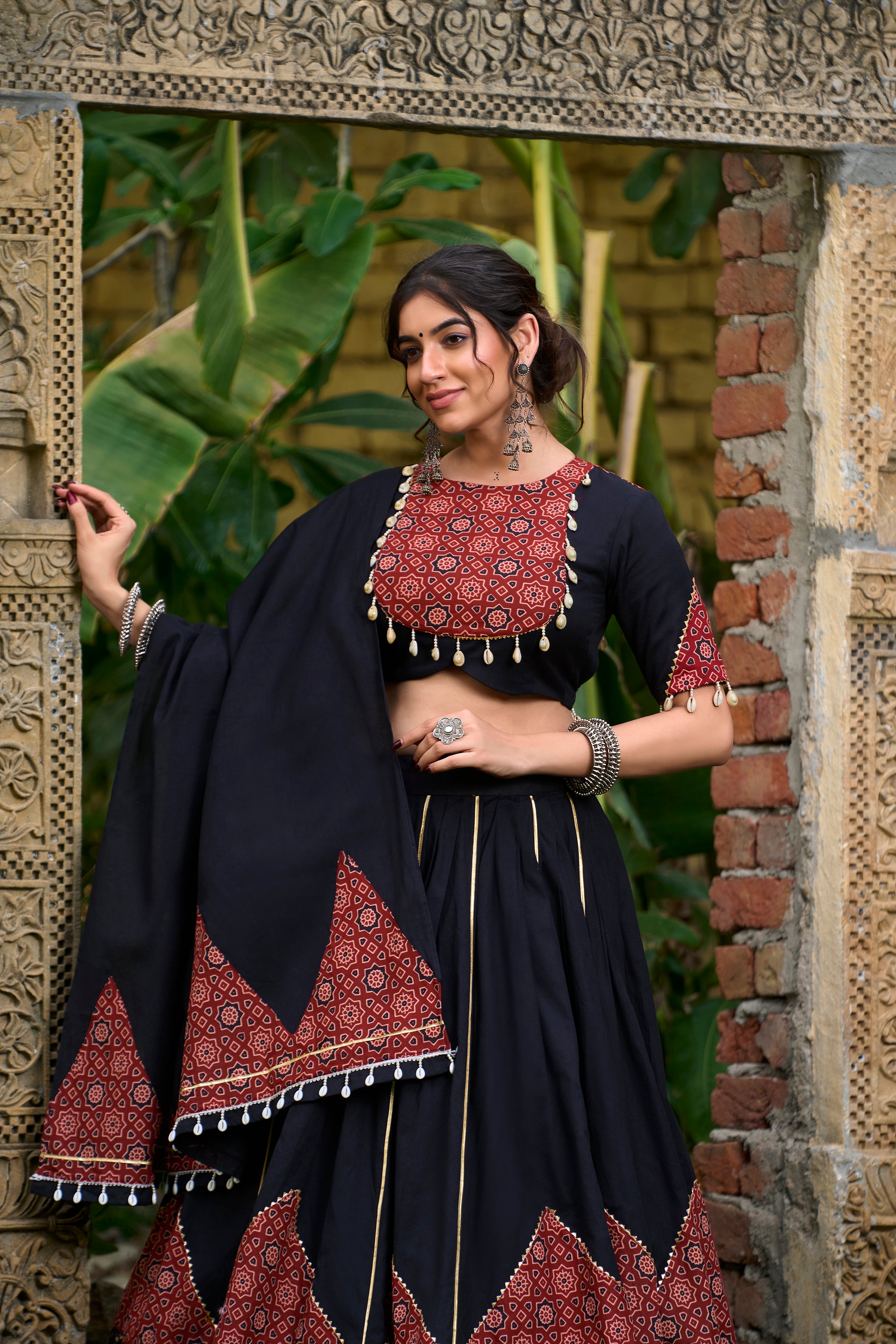 Black Cotton Navratri Lehenga Choli with Printed Dupatta & Purse – Mayara Women Clothing