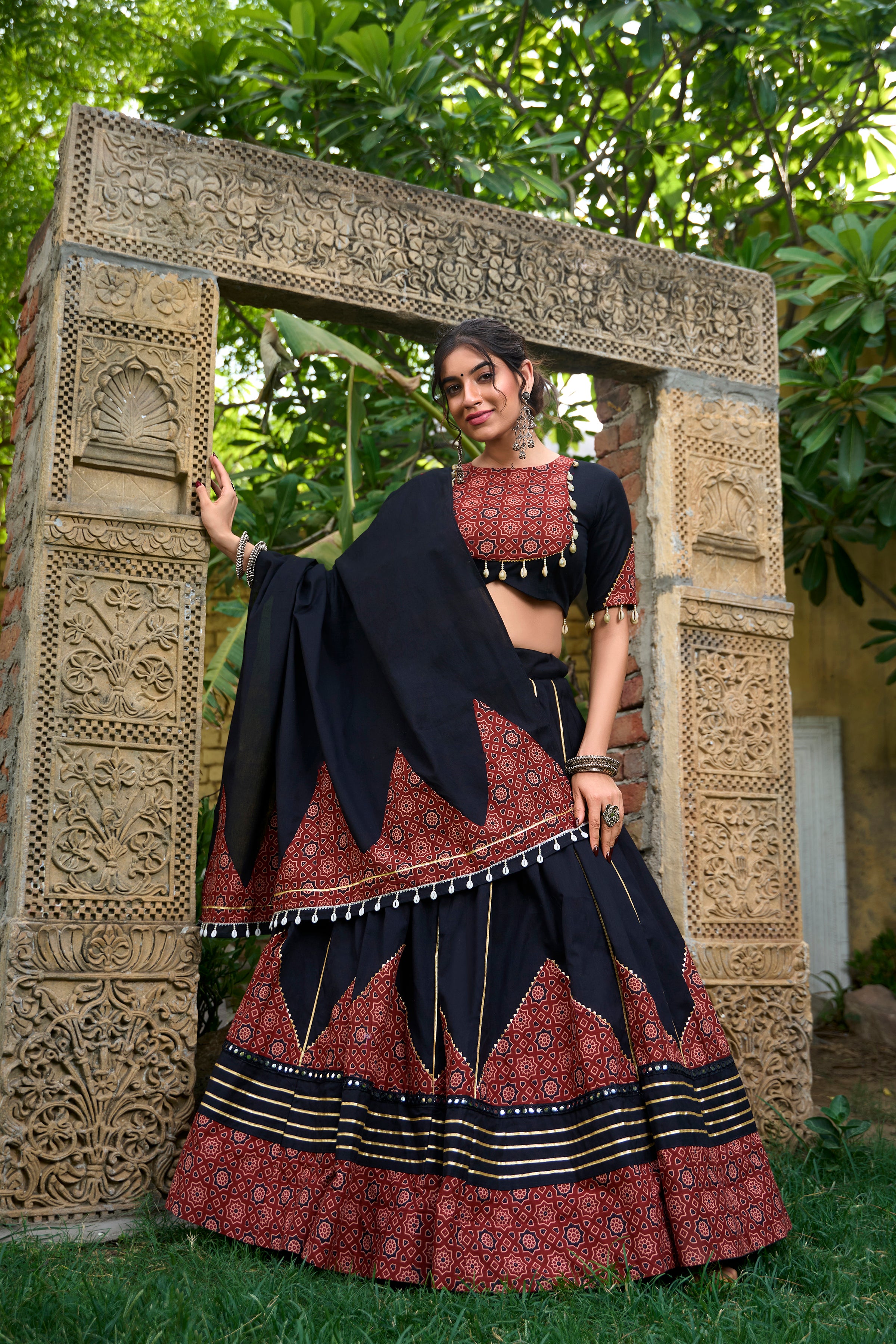 Black Cotton Navratri Lehenga Choli with Printed Dupatta & Purse – Mayara Women Clothing