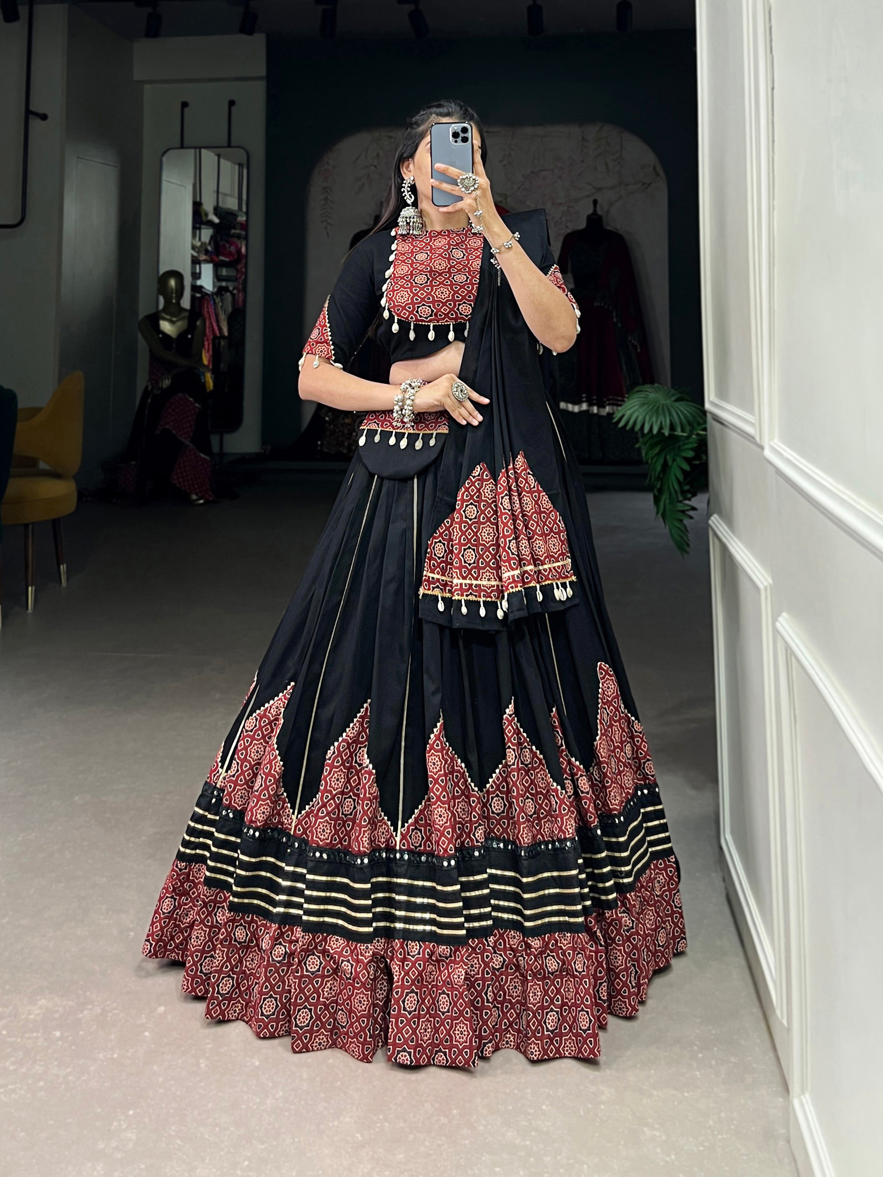 Black Cotton Navratri Lehenga Choli with Printed Dupatta & Purse – Mayara Women Clothing
