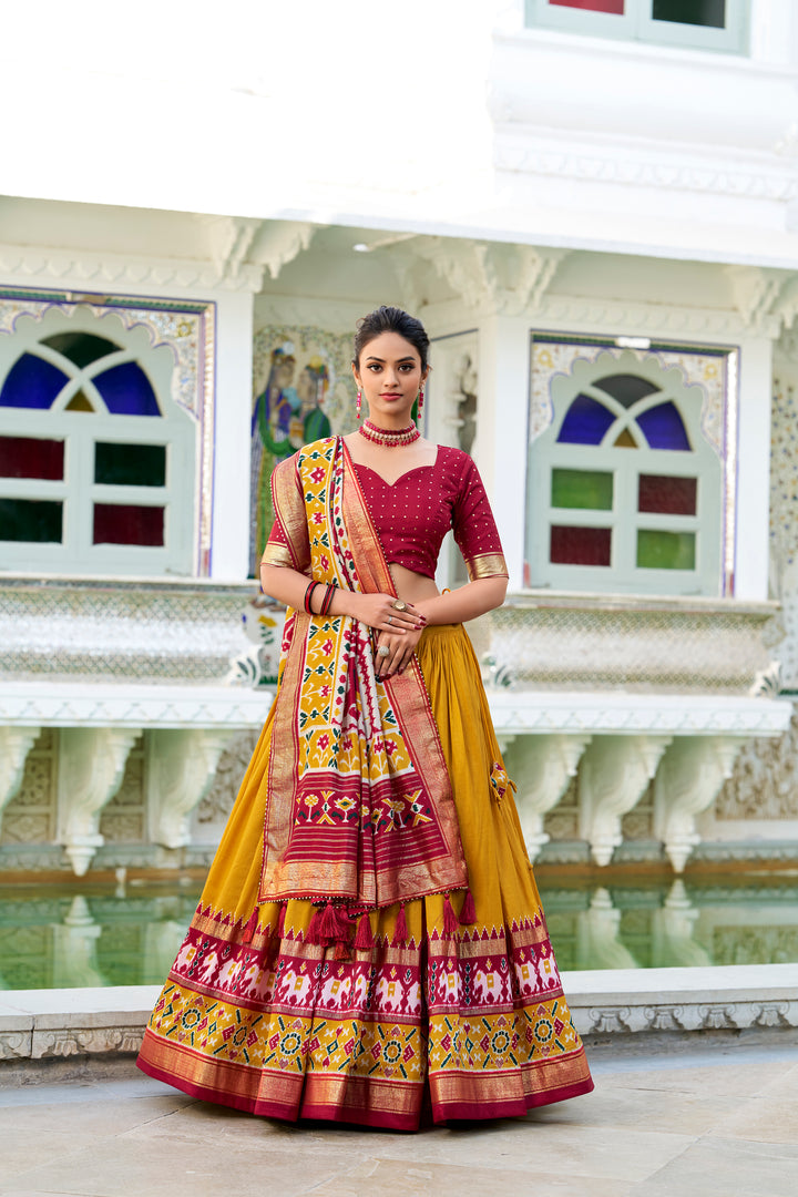 Wedding Special Mustered Yellow  Patola Print Tasar Silk Lehenga Choli with Dupatta – Mayara Women Clothing
