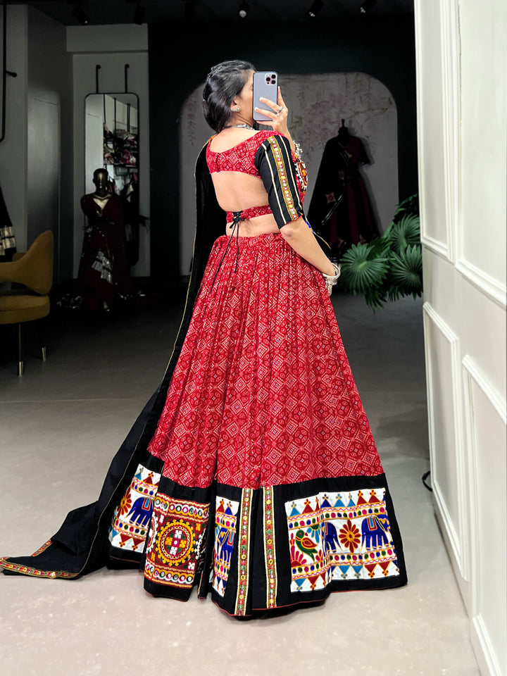 Red Cotton Gamthi Embroidered Navratri Lehenga Choli with Mirror Work | Mayara Women Clothing