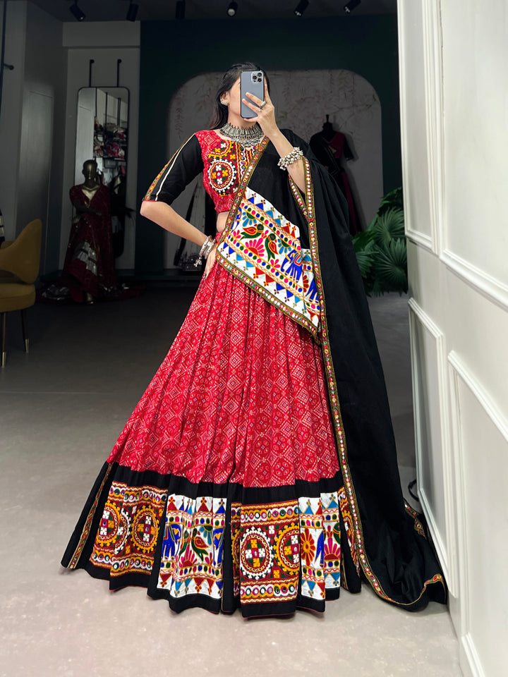 Red Cotton Gamthi Embroidered Navratri Lehenga Choli with Mirror Work | Mayara Women Clothing