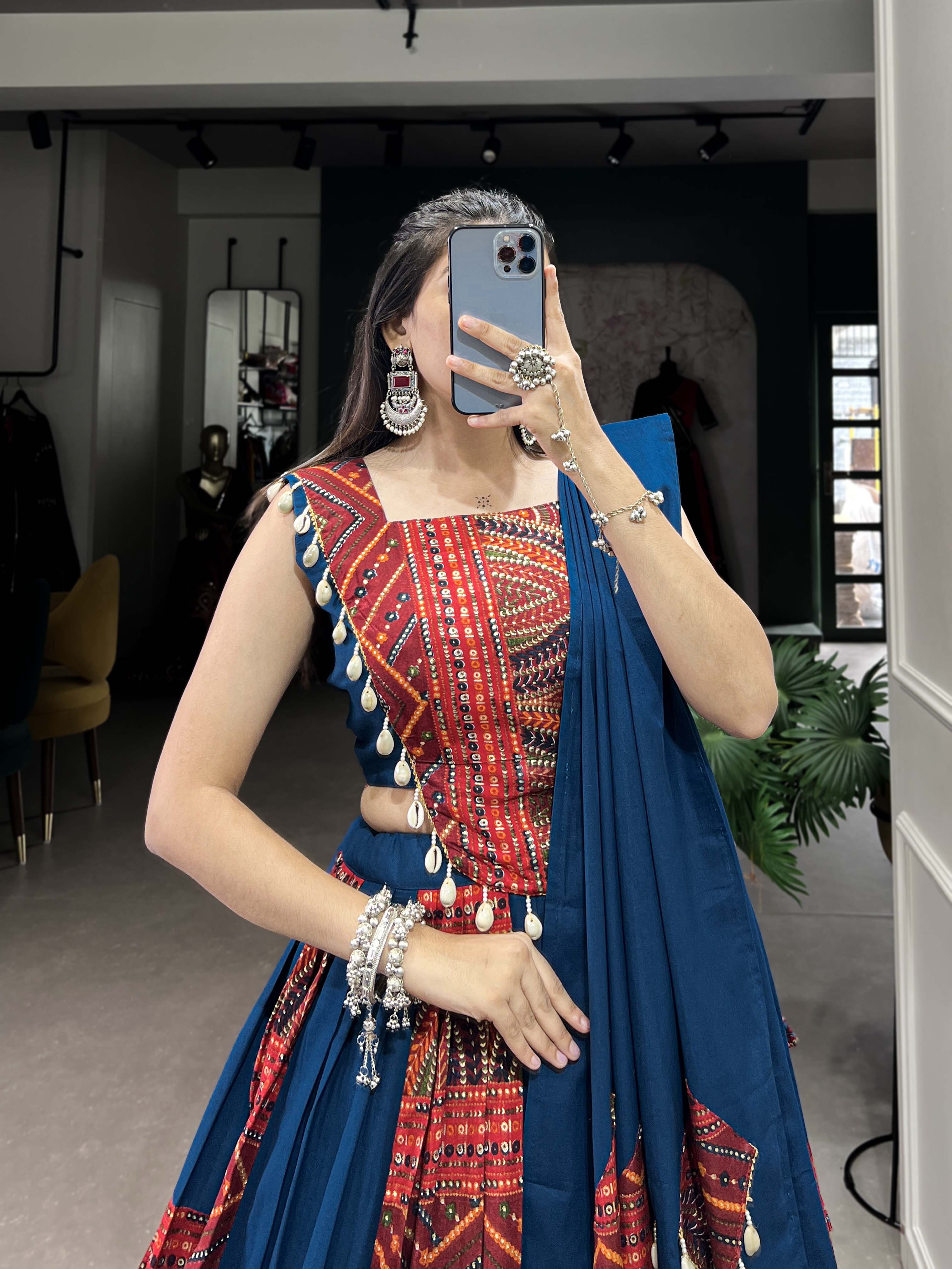 Mayara Women Clothing Blue Cotton Navratri Lehenga Choli Set with Printed & Foil Work