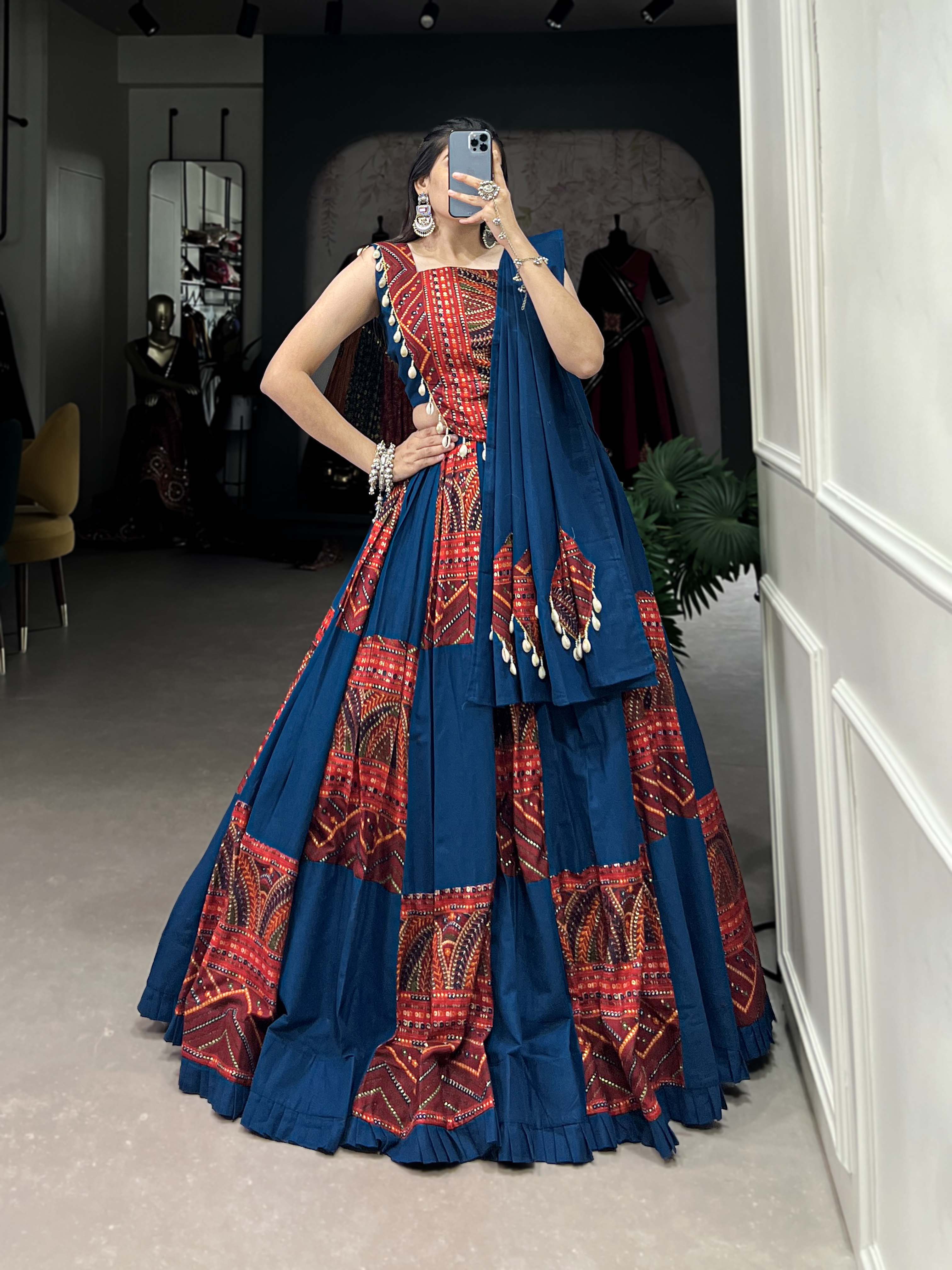 Mayara Women Clothing Blue Cotton Navratri Lehenga Choli Set with Printed & Foil Work