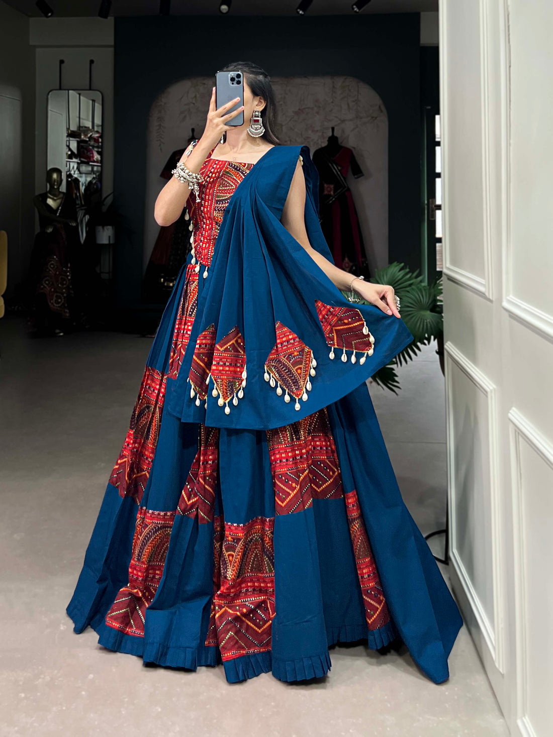 Mayara Women Clothing Blue Cotton Navratri Lehenga Choli Set with Printed & Foil Work