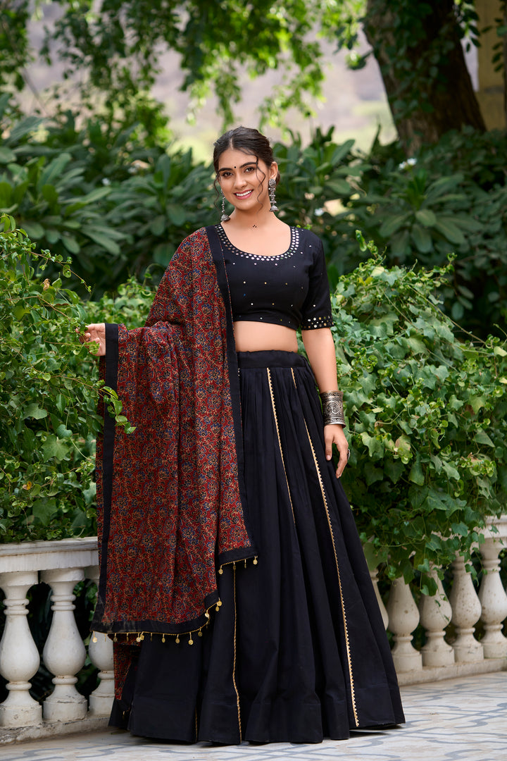 Black Mirror Work Lehenga Choli with Ajrakh Print Dupatta – Elegant Traditional Wear for Weddings & Festive Occasions