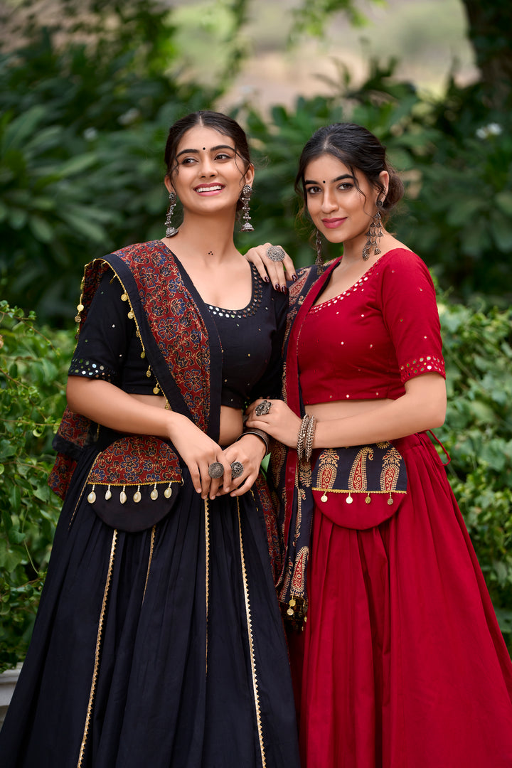 Black Mirror Work Lehenga Choli with Ajrakh Print Dupatta – Elegant Traditional Wear for Weddings & Festive Occasions