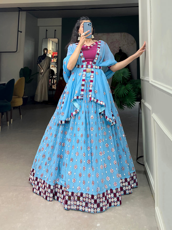 Sky Blue Lehenga Choli for Women with Wine Blouse | Designer Mirror Work Lehenga for Festive & Wedding Wear