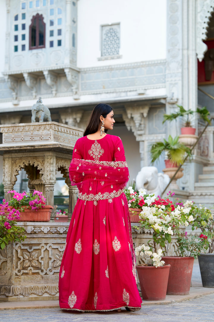 Rani Pink Vichitra Silk Embroidered Gown with Net Dupatta | Mayara Women Clothing