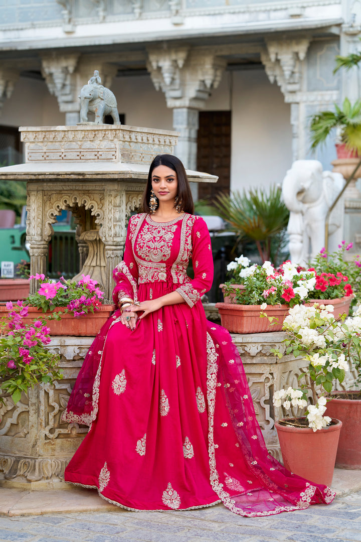 Rani Pink Vichitra Silk Embroidered Gown with Net Dupatta | Mayara Women Clothing