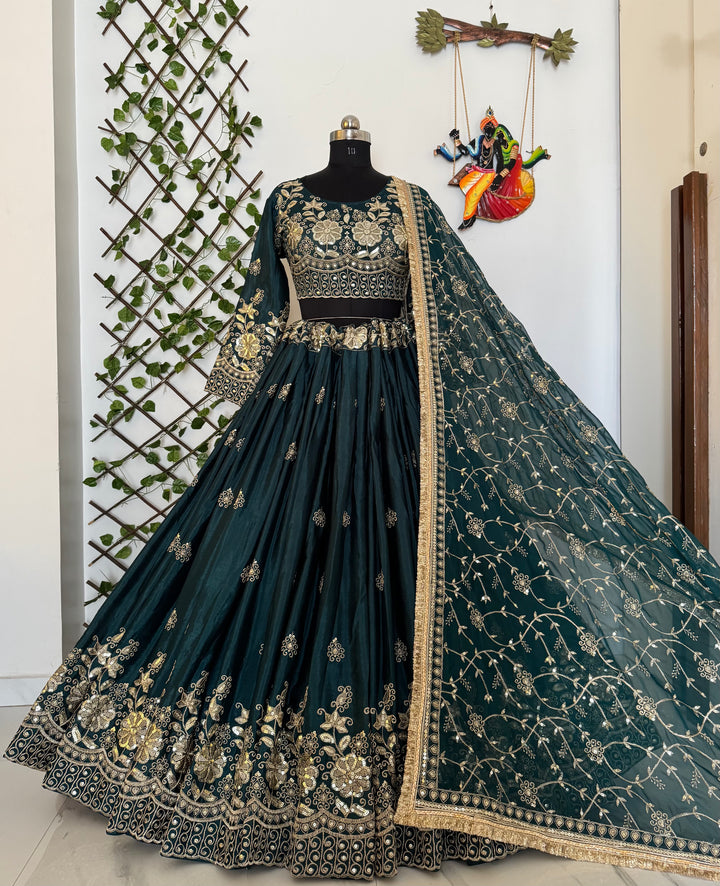 Dark Green Chinon Silk Lehenga Choli Set with Sequins & Zari Work – Mayara Women Clothing