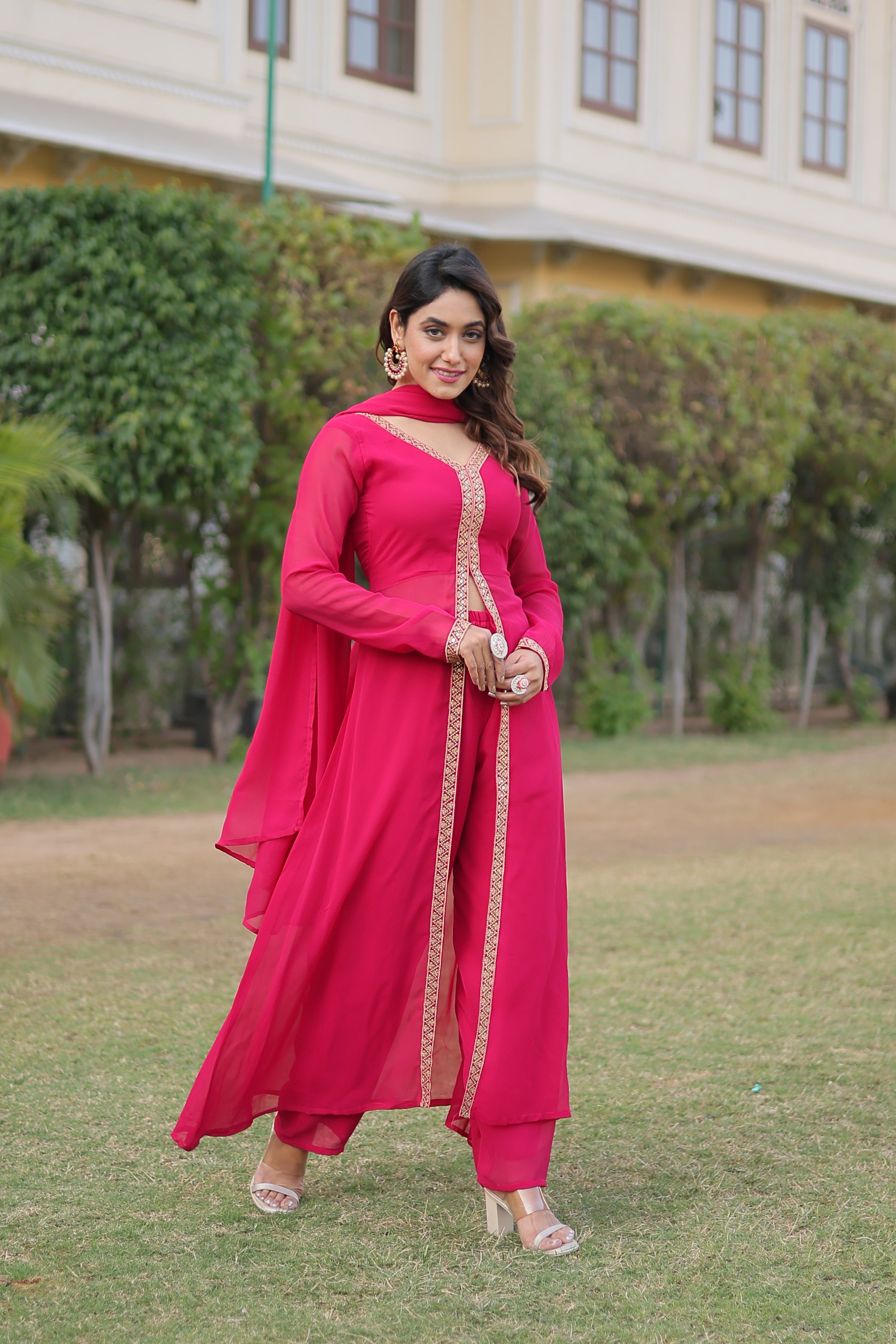 Rani Pink Long Kurti with Pants Set for Women | Wedding & Festive Wear Suit