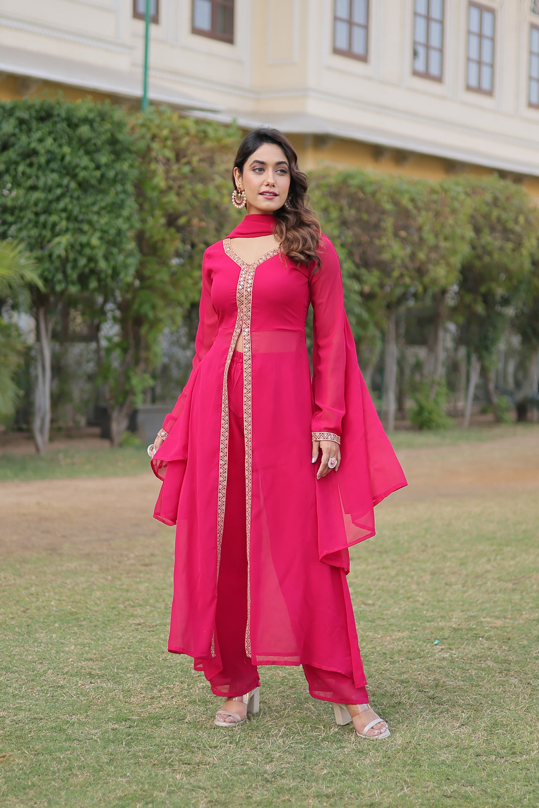 Rani Pink Long Kurti with Pants Set for Women | Wedding & Festive Wear Suit
