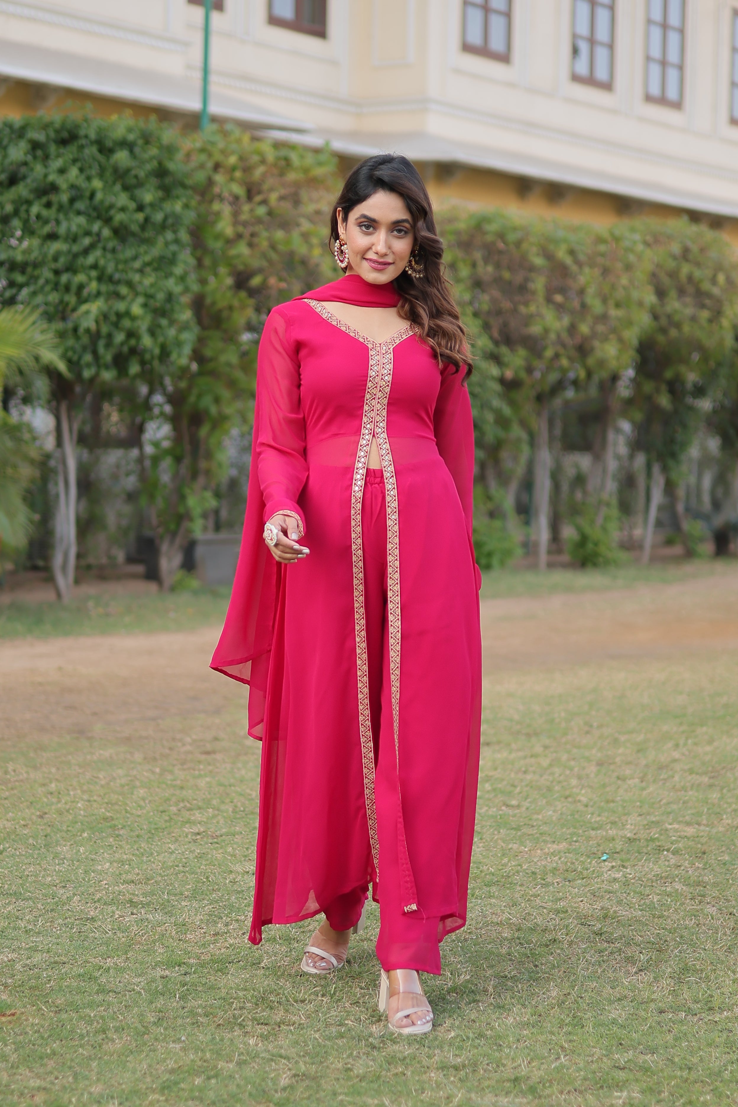Rani Pink Long Kurti with Pants Set for Women | Wedding & Festive Wear Suit