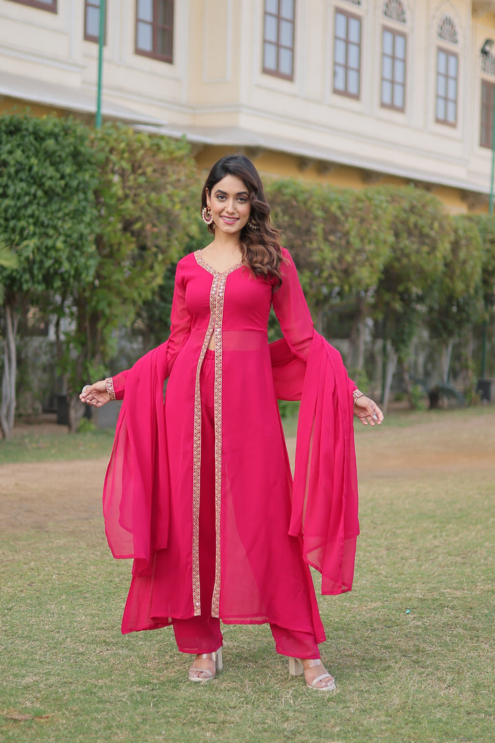 Rani Pink Long Kurti with Pants Set for Women | Wedding & Festive Wear Suit