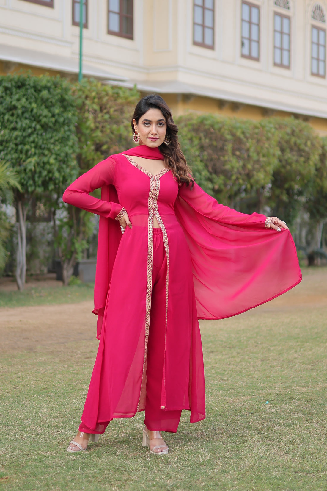 Rani Pink Long Kurti with Pants Set for Women | Wedding & Festive Wear Suit